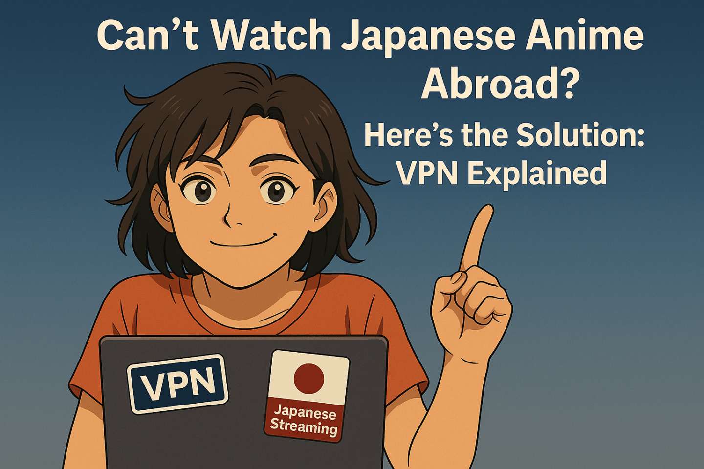 An anime-style young woman sits behind a laptop with "VPN" and "Japanese Streaming" stickers, smiling confidently and pointing upward. The background is a gradient blue, and bold text above her reads: “Can’t Watch Japanese Anime Abroad? Here’s the Solution: VPN Explained.”