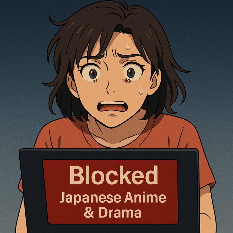 A young woman in anime style looks shocked and panicked while staring at her laptop screen. A red warning message on the screen reads “Blocked – Japanese Anime & Drama.” She is sweating and wide-eyed, highlighting her frustration at being region-blocked from streaming content.

