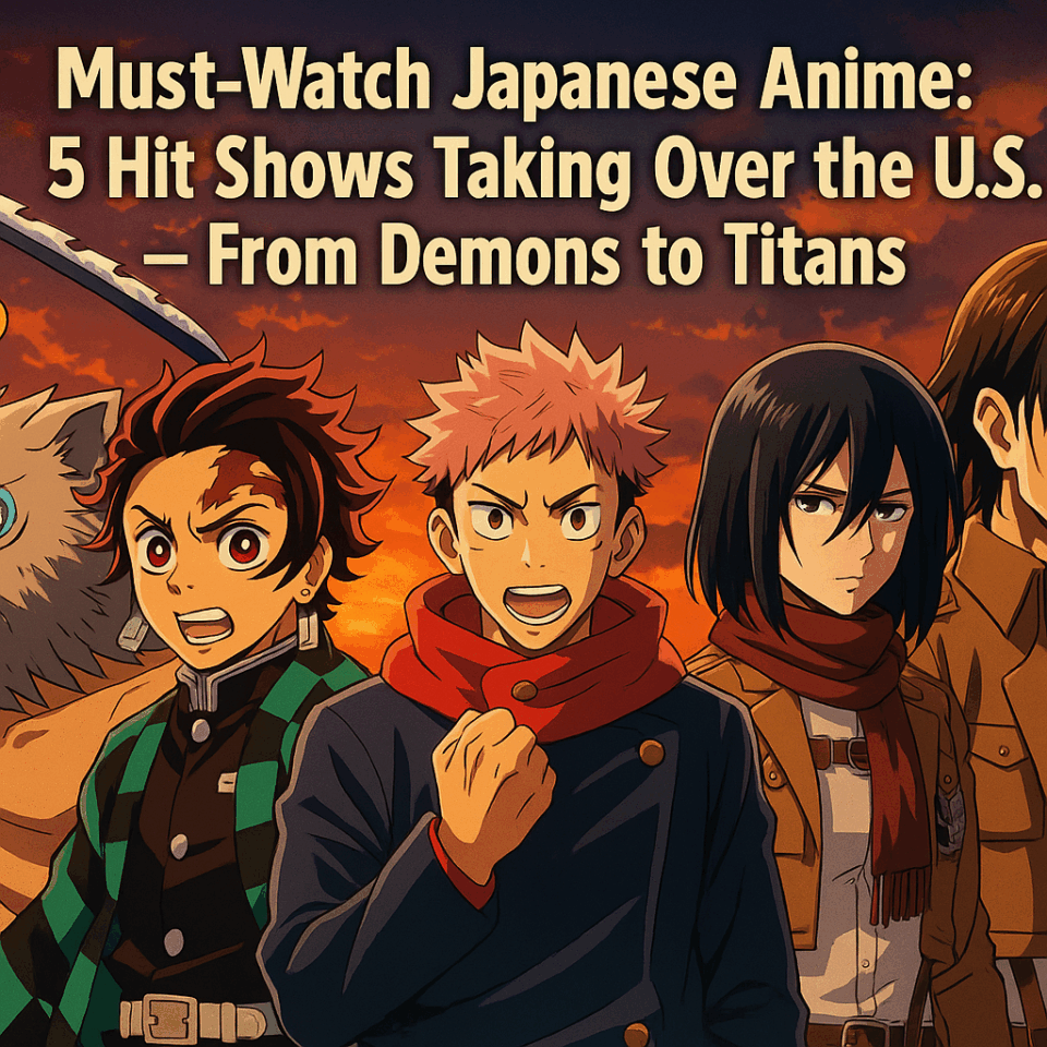 A vibrant anime-style promotional image featuring iconic characters from popular Japanese anime series. From left to right, characters appear to be inspired by series like Demon Slayer, Jujutsu Kaisen, and Attack on Titan, all standing together against a dramatic sunset sky. Bold yellow headline text reads: “Must-Watch Japanese Anime: 5 Hit Shows Taking Over the U.S. – From Demons to Titans” The image evokes excitement and action, capturing the explosive popularity of Japanese anime in the West.