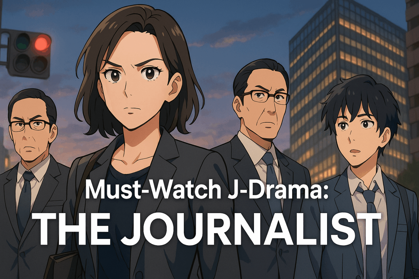 Four serious-looking characters in business suits stand in a city at dusk, with high-rise buildings and a red traffic light in the background. The central female character appears determined, suggesting themes of investigation and truth-seeking. The text overlay reads: “Must-Watch J-Drama: THE JOURNALIST.”