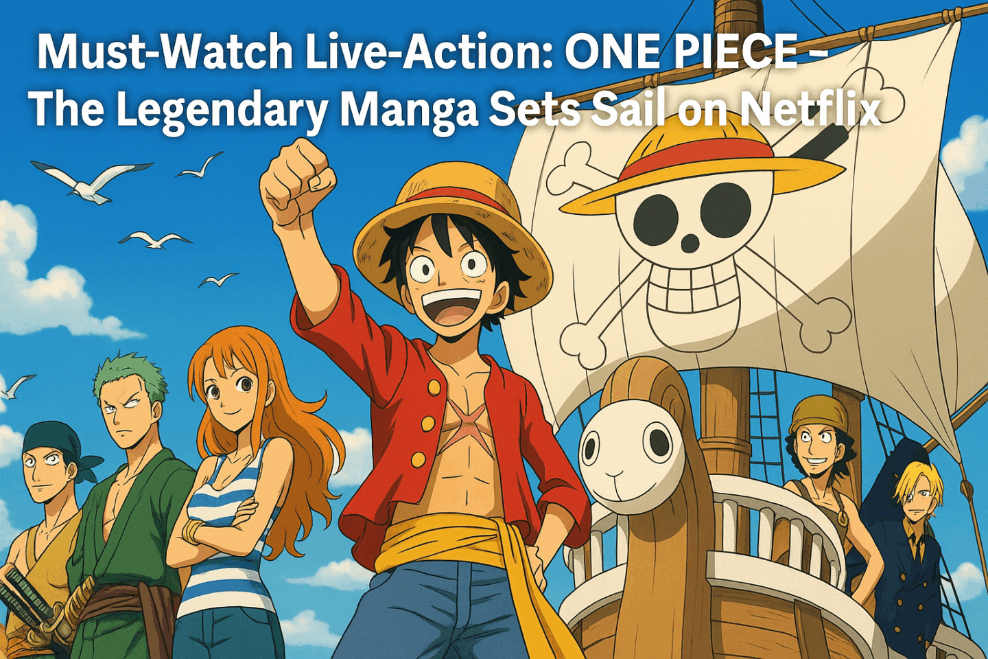 The main characters of the anime “One Piece” stand proudly on the deck of their ship, the Going Merry, with the iconic Jolly Roger flag in the background. Luffy stands at the center with his fist raised, surrounded by his crewmates under a bright blue sky. The text overlay reads: “Must-Watch Live-Action: ONE PIECE – The Legendary Manga Sets Sail on Netflix.”