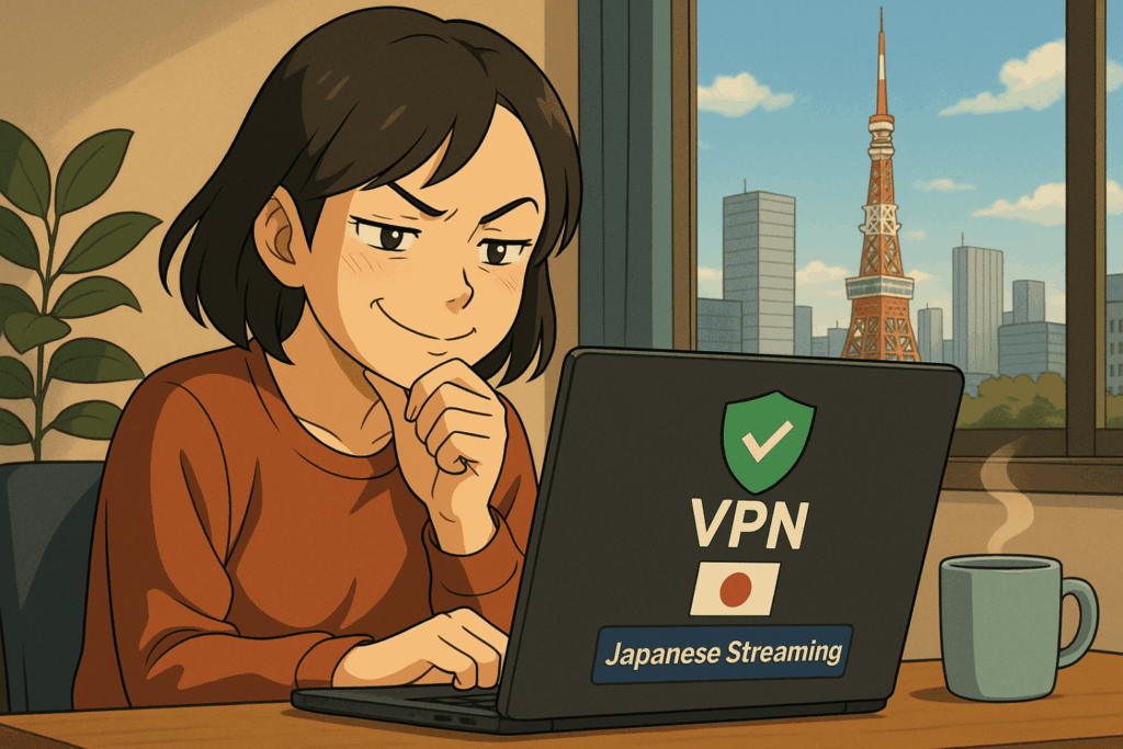 A young woman in anime style smirks confidently while using a laptop with a VPN sticker and a Japanese flag label that says “Japanese Streaming.” She’s sitting at a desk with a coffee mug, and Tokyo Tower is visible through the window behind her, suggesting she has successfully bypassed regional blocks using a VPN.


