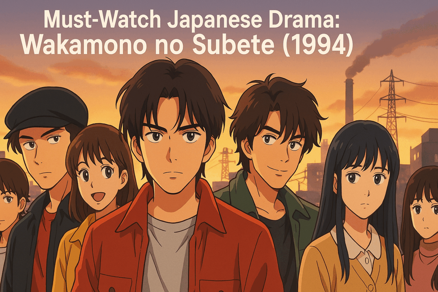 A group of young animated characters stand in front of an industrial cityscape at sunset, reflecting a 1990s setting. The central figure, a serious-looking young man in a red shirt, is surrounded by friends, each with unique expressions. The text overlay reads: “Must-Watch Japanese Drama: Wakamono no Subete (1994)”.