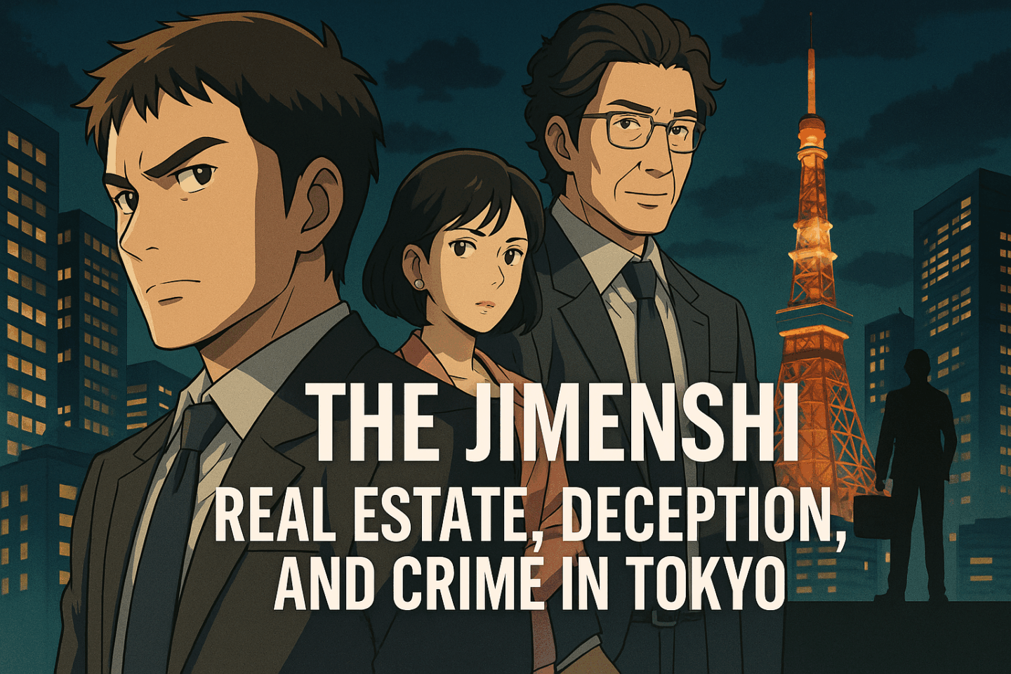 Three animated characters in business attire stand in front of a nighttime Tokyo skyline, with Tokyo Tower brightly illuminated in the background. The serious expressions on their faces suggest themes of crime and intrigue. The text overlay reads: “THE JIMENSHI – Real Estate, Deception, and Crime in Tokyo.”