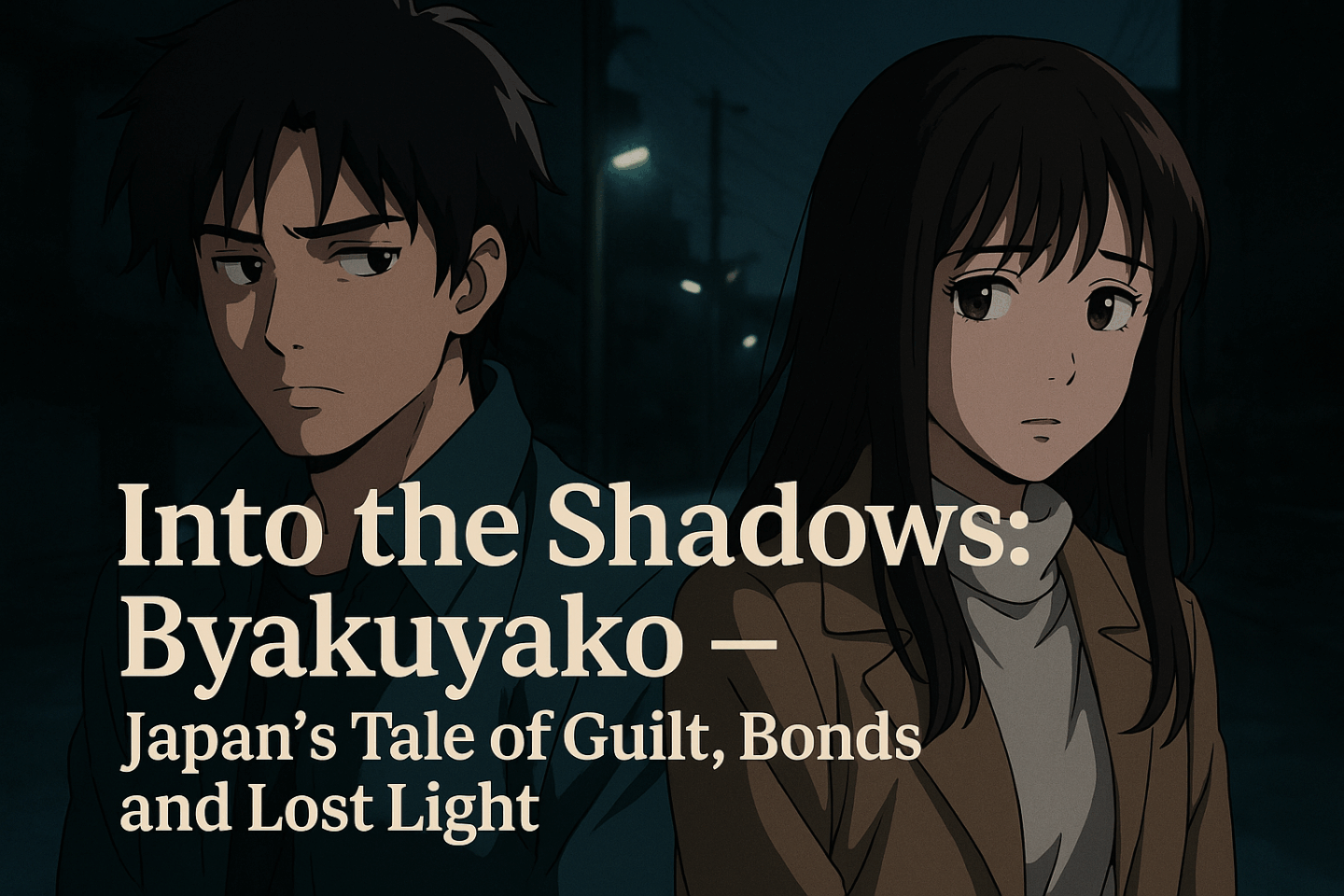A somber young man and woman stand together on a dimly lit street at night, both wearing serious expressions that reflect emotional depth and mystery. The mood is melancholic, hinting at themes of guilt and tragic bonds. The text overlay reads: “Into the Shadows: Byakuyako — Japan’s Tale of Guilt, Bonds and Lost Light.”