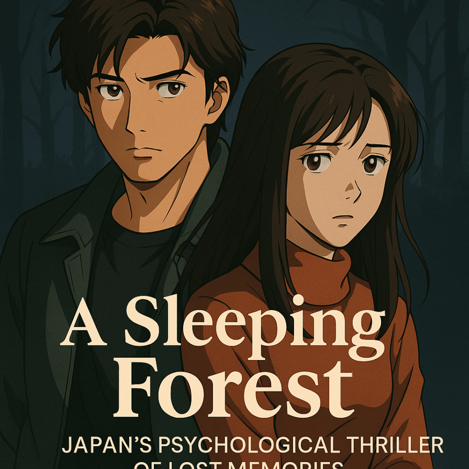 A serious young man and woman stand close together in a shadowy forest backdrop, both wearing expressions of concern and mystery. The mood is tense and introspective, suggesting psychological themes. The text overlay reads: “A Sleeping Forest – Japan’s Psychological Thriller of Lost Memories.”