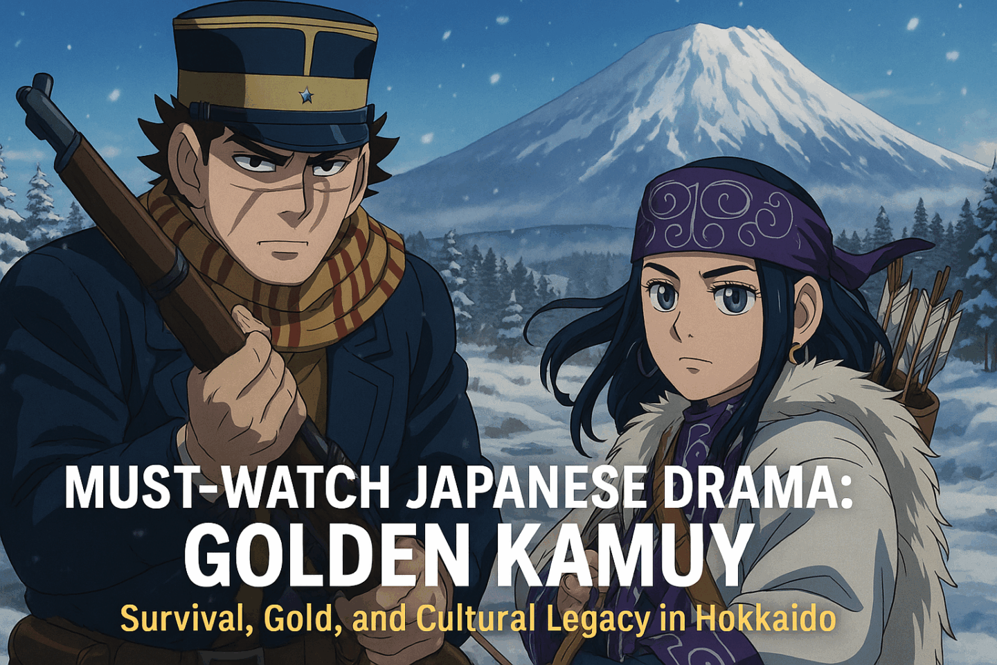 Two main characters from the anime "Golden Kamuy" stand in a snowy landscape with a majestic mountain in the background. The man on the left wears a military uniform and scarf while holding a rifle. The girl on the right has long black hair, a purple headband, and a quiver of arrows on her back. The text reads: “Must-Watch Japanese Drama: GOLDEN KAMUY – Survival, Gold, and Cultural Legacy in Hokkaido.”
