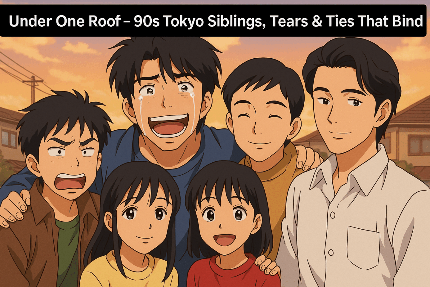 A warm and emotional scene featuring six animated siblings smiling and embracing in a quiet Tokyo neighborhood during sunset. The eldest brother sheds happy tears, surrounded by his younger siblings of various ages, each showing different expressions of joy and closeness. The text overlay reads: “Under One Roof – 90s Tokyo Siblings, Tears & Ties That Bind.”