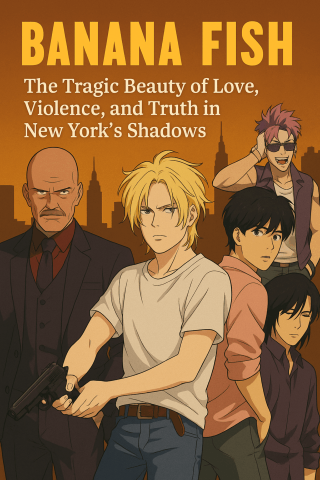 A dramatic anime-style illustration for "BANANA FISH" featuring main characters Ash Lynx and Eiji Okumura in the foreground, with Ash holding a gun. Behind them are key figures including Dino, Shorter, and others, set against an orange-hued New York City skyline. The bold title reads: “BANANA FISH – The Tragic Beauty of Love, Violence, and Truth in New York’s Shadows.”